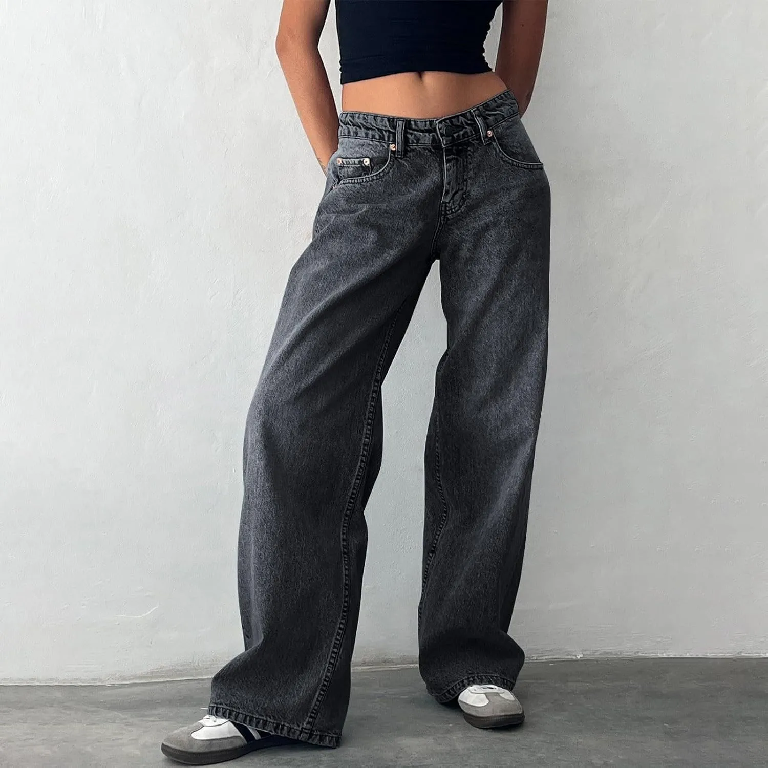 Wide Leg Denim Pants for Woman Y2K Vintage Low Waist Baggy Jeans Stretch Boyfriend Streetwear Trousers with Pockets