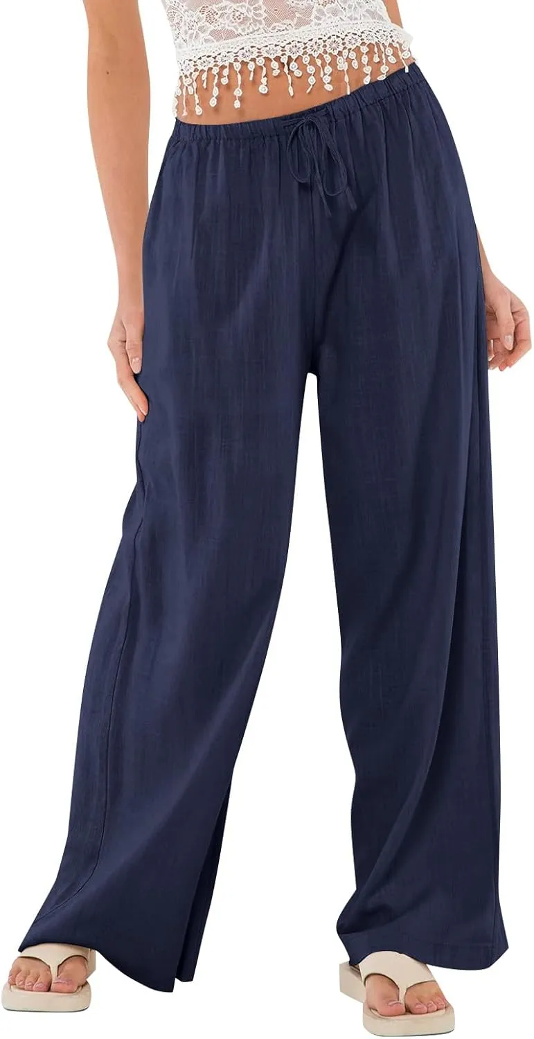 Wide Leg Palazzo Pants for Women Linen Pants Drawstring High Waist Summer Pant Slack Casual Trousers with Pockets