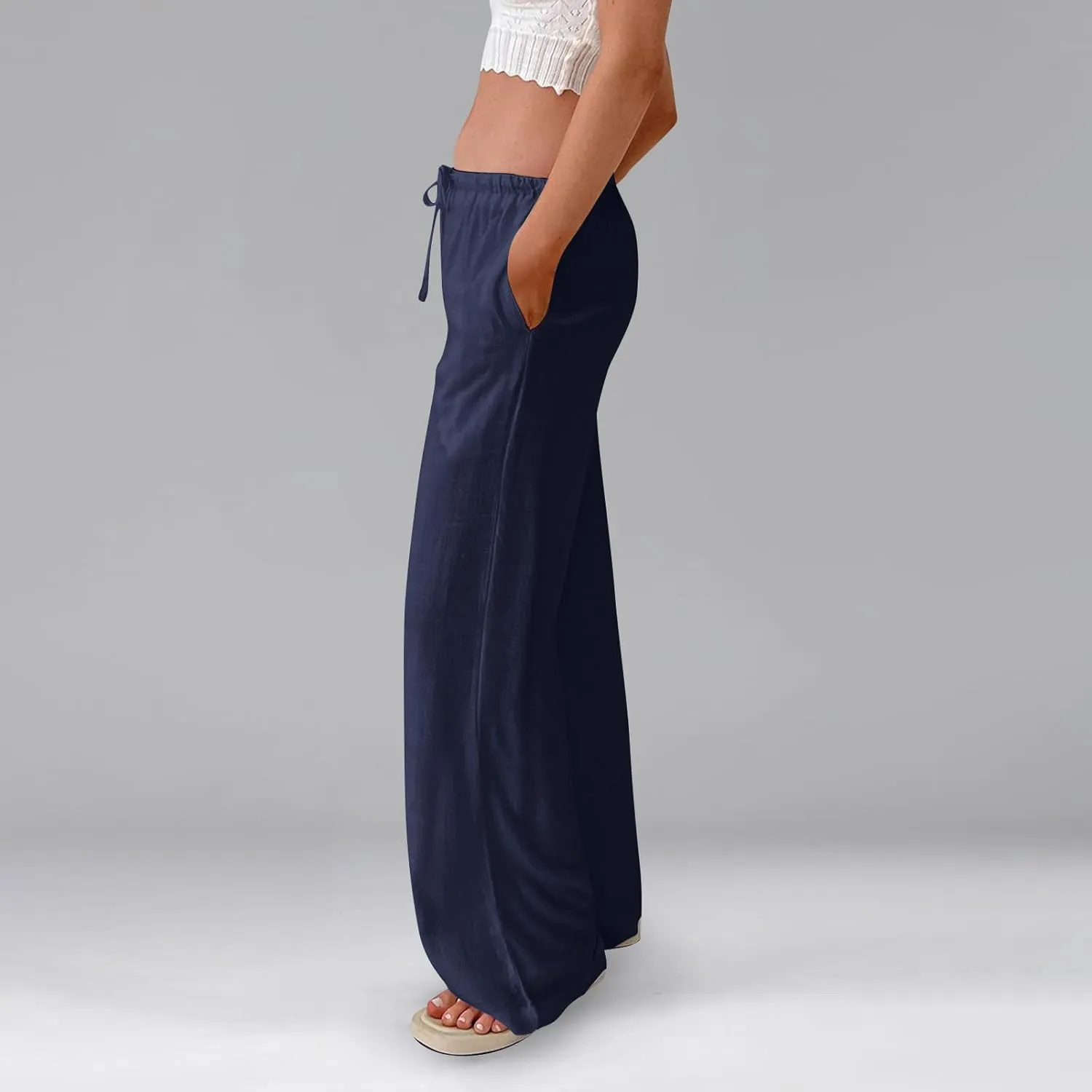 Wide Leg Palazzo Pants for Women Linen Pants Drawstring High Waist Summer Pant Slack Casual Trousers with Pockets