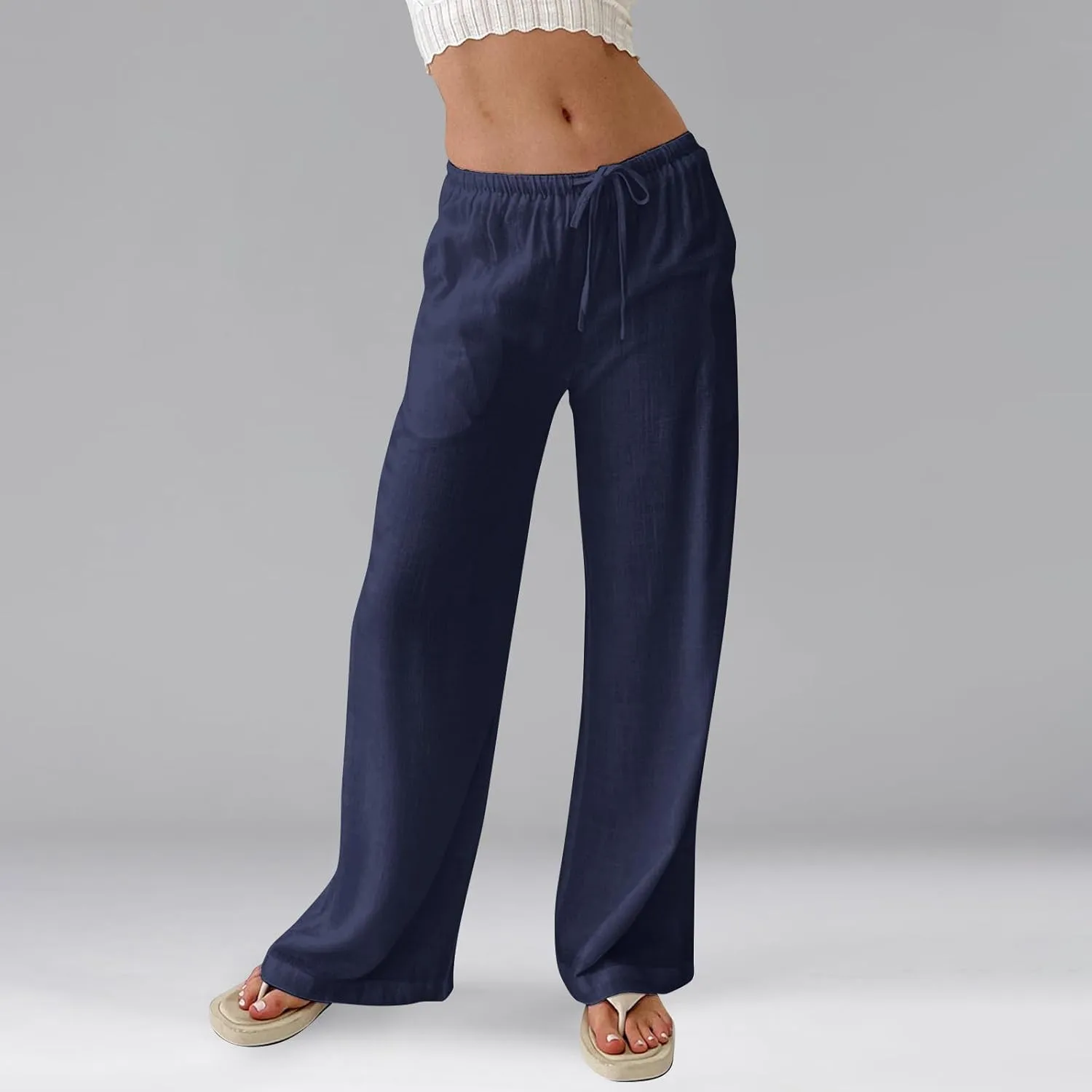 Wide Leg Palazzo Pants for Women Linen Pants Drawstring High Waist Summer Pant Slack Casual Trousers with Pockets