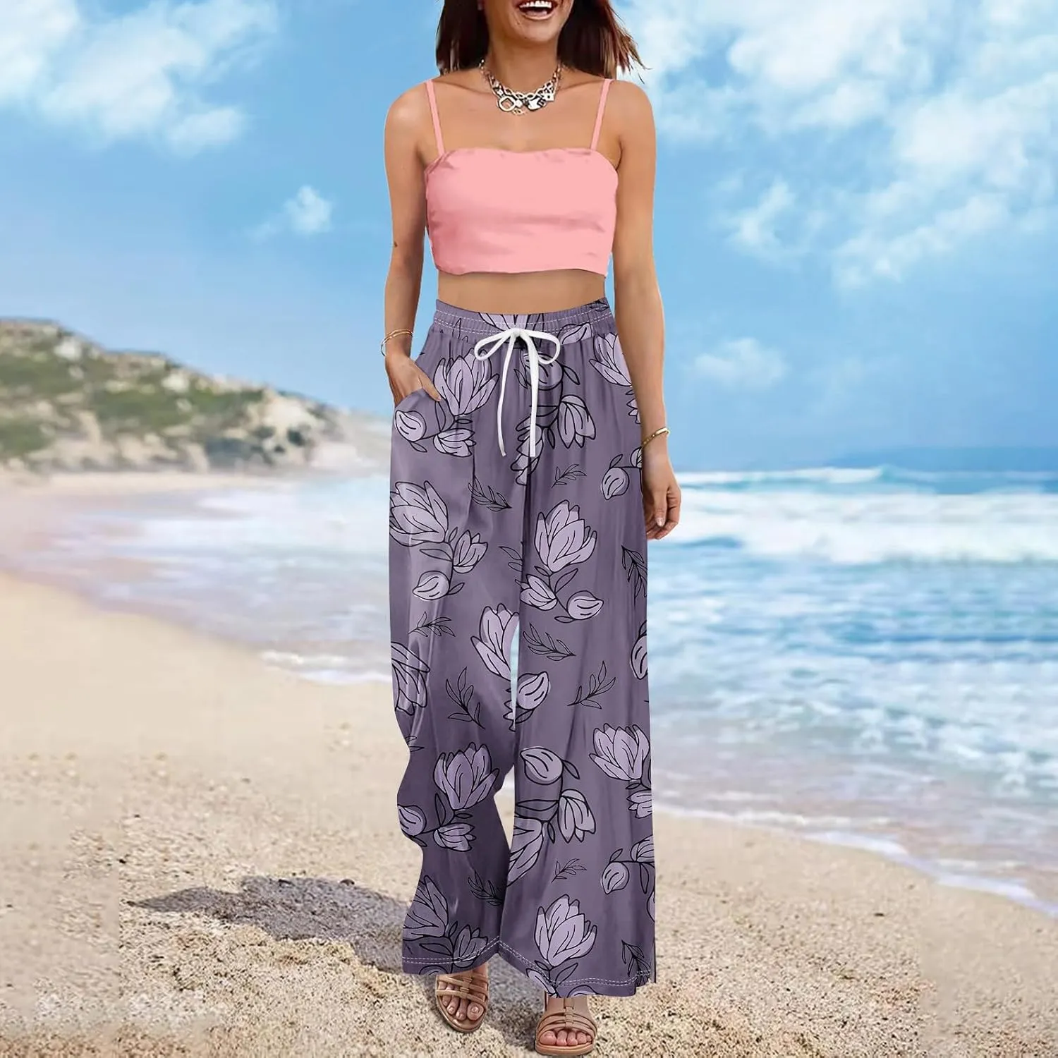 Wide Leg Pants for Women Baggy High Waist Elastic Waist Summer Palazzo Pants Classic Drawstring Floral Print Trousers