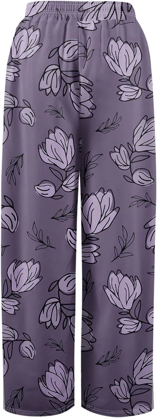 Wide Leg Pants for Women Baggy High Waist Elastic Waist Summer Palazzo Pants Classic Drawstring Floral Print Trousers
