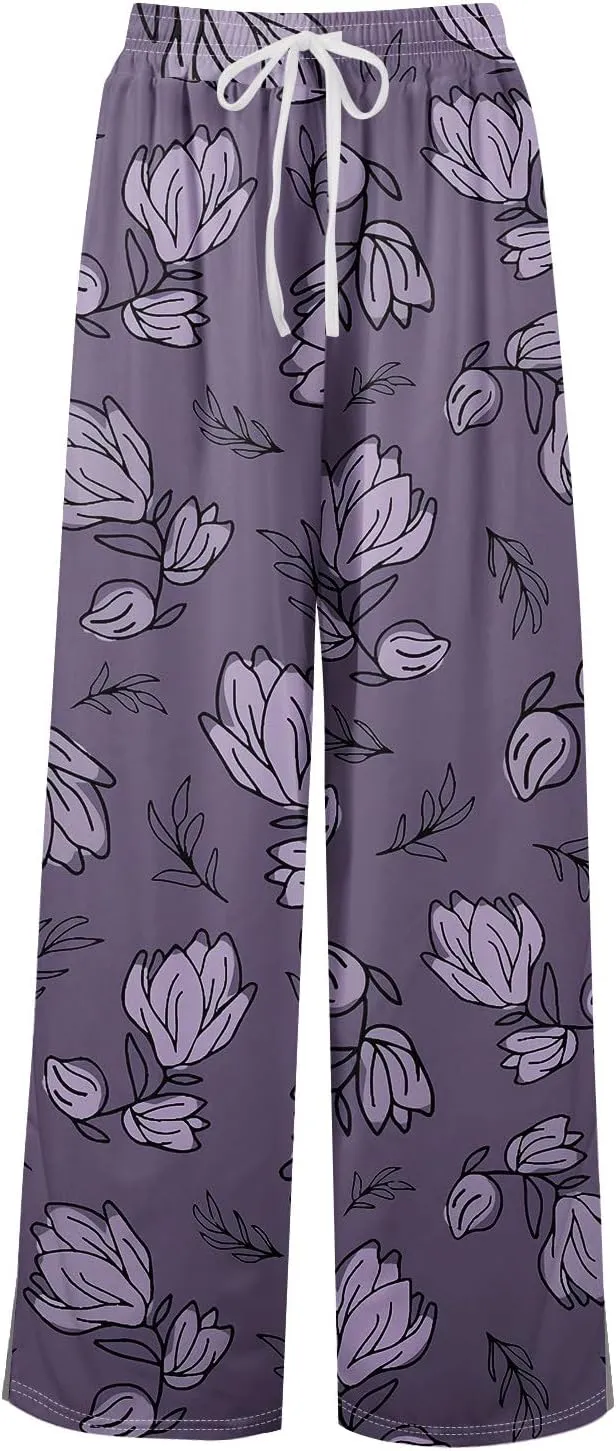 Wide Leg Pants for Women Baggy High Waist Elastic Waist Summer Palazzo Pants Classic Drawstring Floral Print Trousers