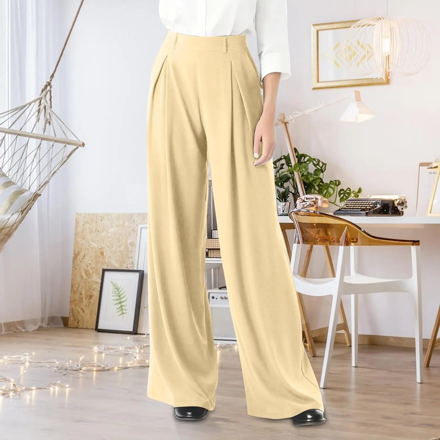 Wide Leg Pants for Women Stretchy Palazzo Pants High Elastic Waisted Button Down Long Trousers