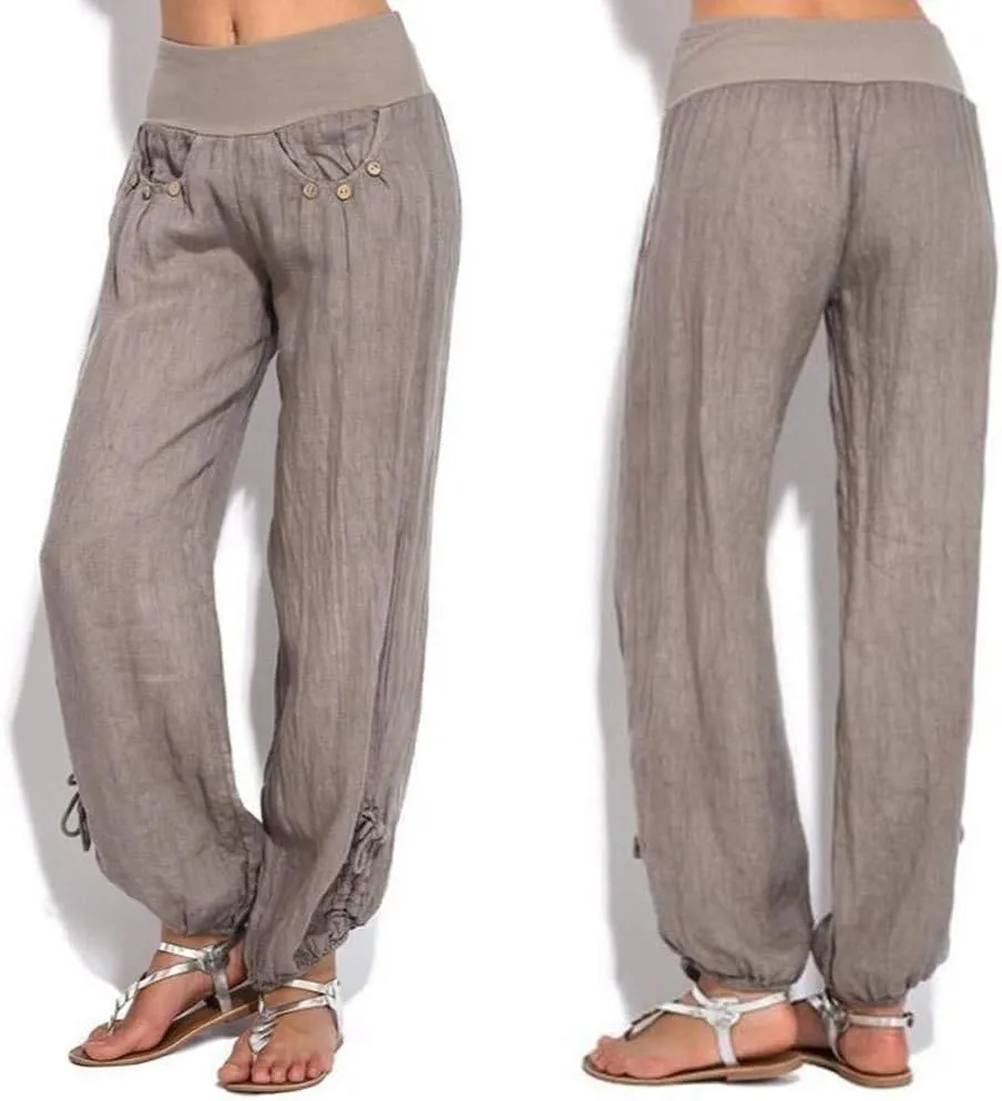 Wide Leg Pants for Womens Summer Linen Light Weight Fashion Trousers Loose High Waist Elastic Pants with Pockets