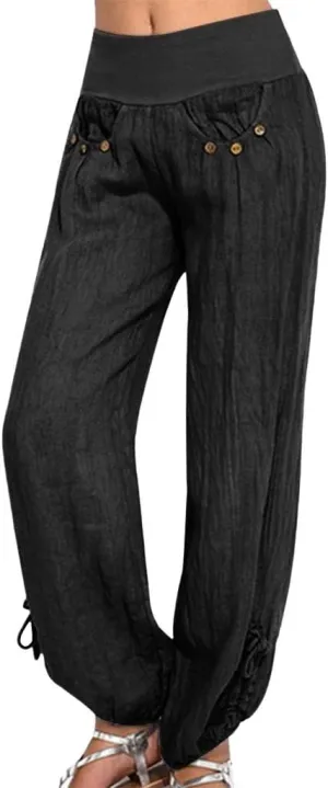 Wide Leg Pants for Womens Summer Linen Light Weight Fashion Trousers Loose High Waist Elastic Pants with Pockets