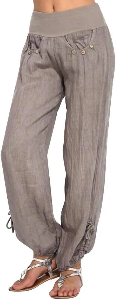 Wide Leg Pants for Womens Summer Linen Light Weight Fashion Trousers Loose High Waist Elastic Pants with Pockets