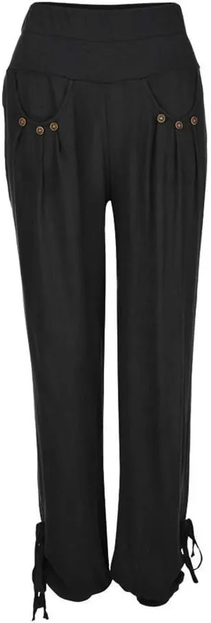 Wide Leg Pants for Womens Summer Linen Light Weight Fashion Trousers Loose High Waist Elastic Pants with Pockets