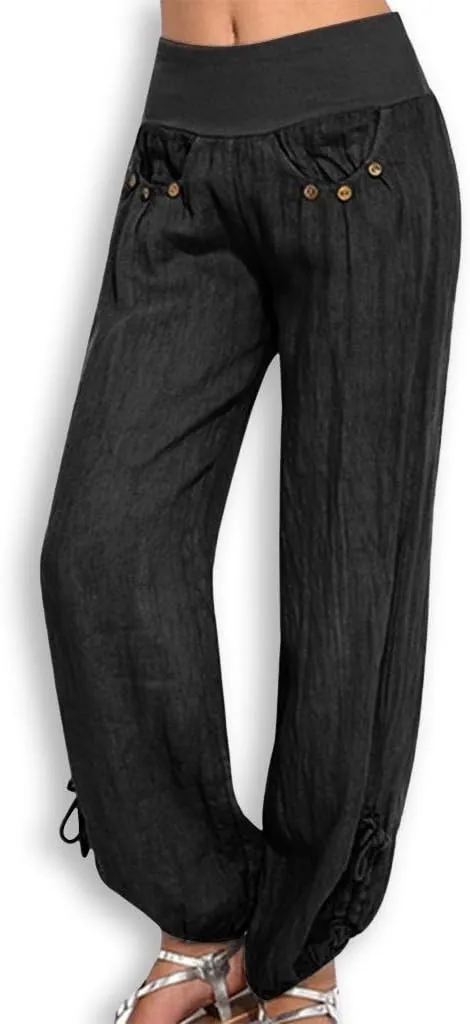Wide Leg Pants for Womens Summer Linen Light Weight Fashion Trousers Loose High Waist Elastic Pants with Pockets