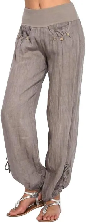 Wide Leg Pants for Womens Summer Linen Light Weight Fashion Trousers Loose High Waist Elastic Pants with Pockets