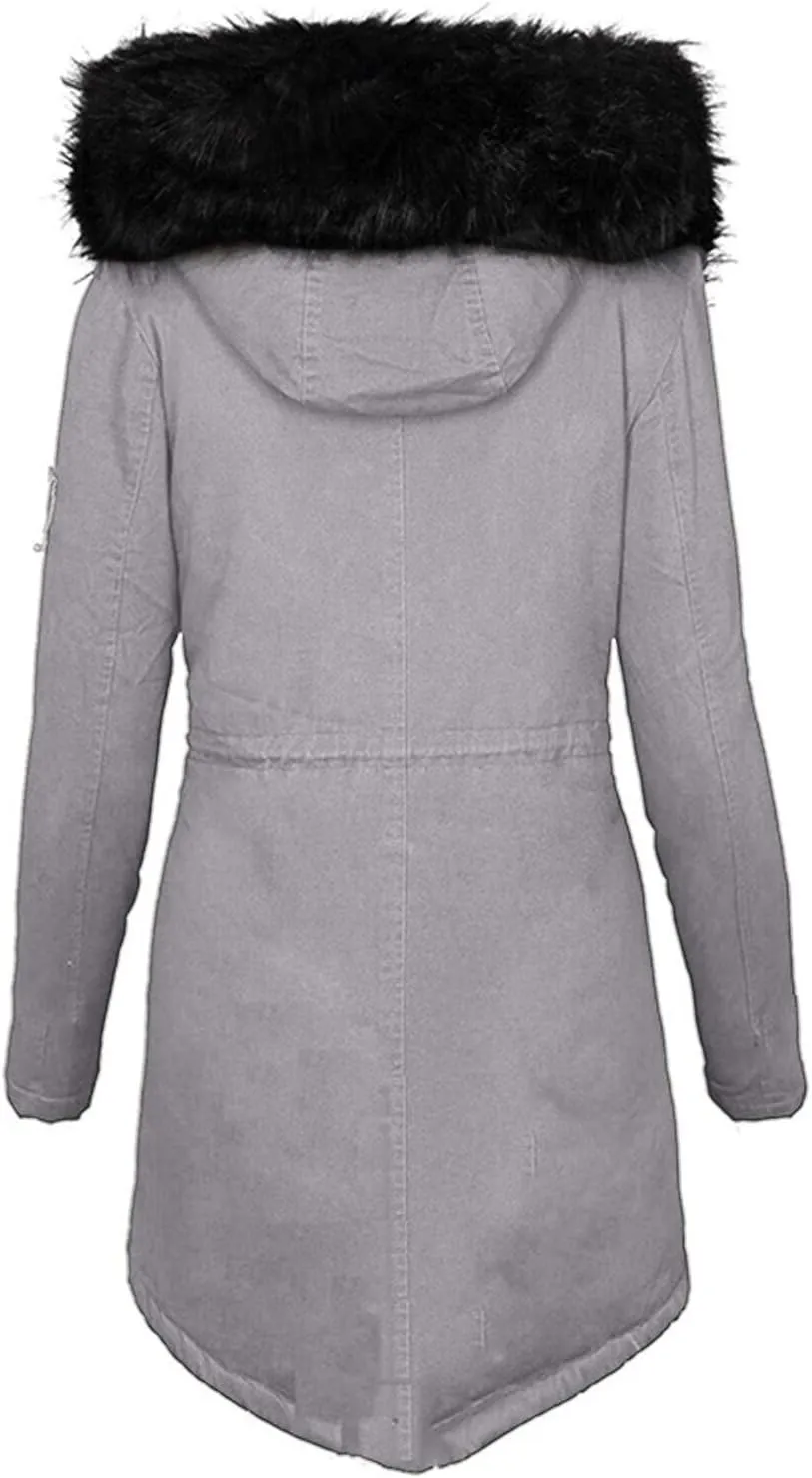 with Hood Winter Parka Jackets Fleece Lined Coats Ladies Padded Thermal Overcoat with Faux Hooded Windproof Thicken