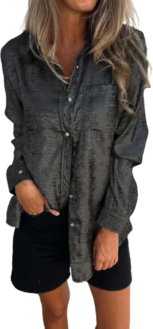 Women Button Down Linen Shirts Solid Color Linen Tops for Women Long Sleeve Loose Fit Vacation Beach Blouse