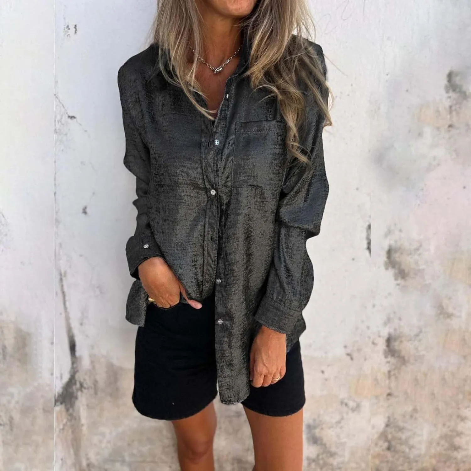 Women Button Down Linen Shirts Solid Color Linen Tops for Women Long Sleeve Loose Fit Vacation Beach Blouse