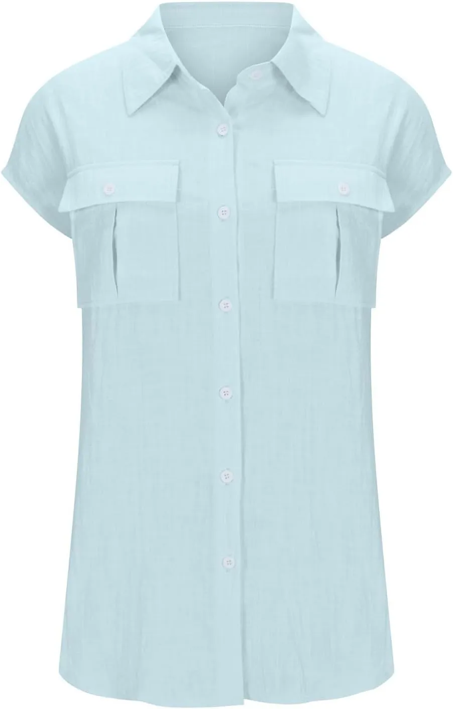 Women Cap Sleeve Button Down Shirts Summer Cotton Work Tees Blouse Lapel Collar Loose Tops Casual Solid T-Shirt