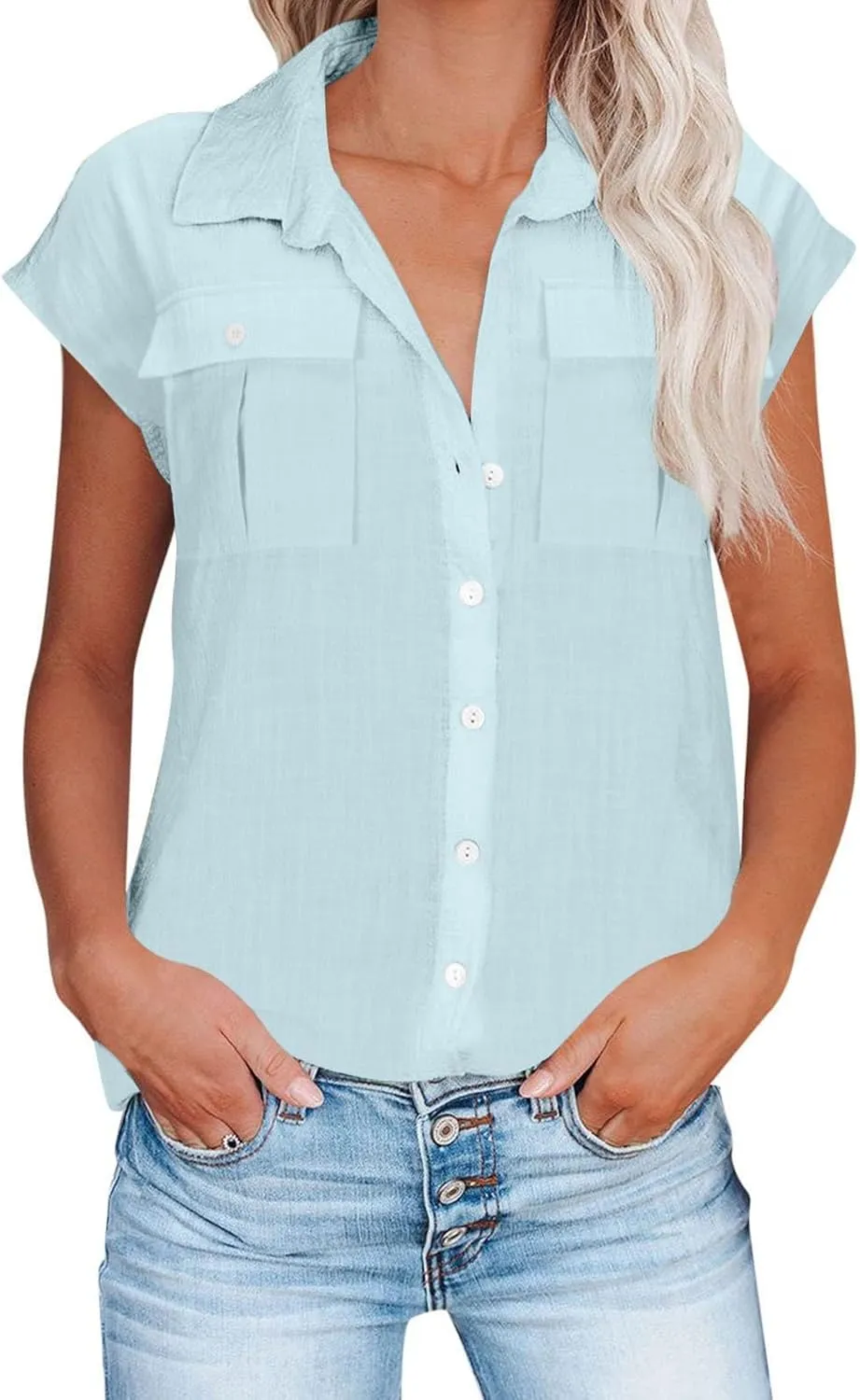 Women Cap Sleeve Button Down Shirts Summer Cotton Work Tees Blouse Lapel Collar Loose Tops Casual Solid T-Shirt