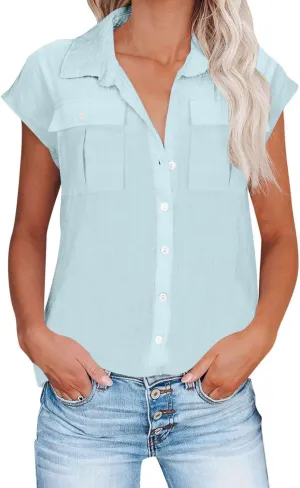 Women Cap Sleeve Button Down Shirts Summer Cotton Work Tees Blouse Lapel Collar Loose Tops Casual Solid T-Shirt
