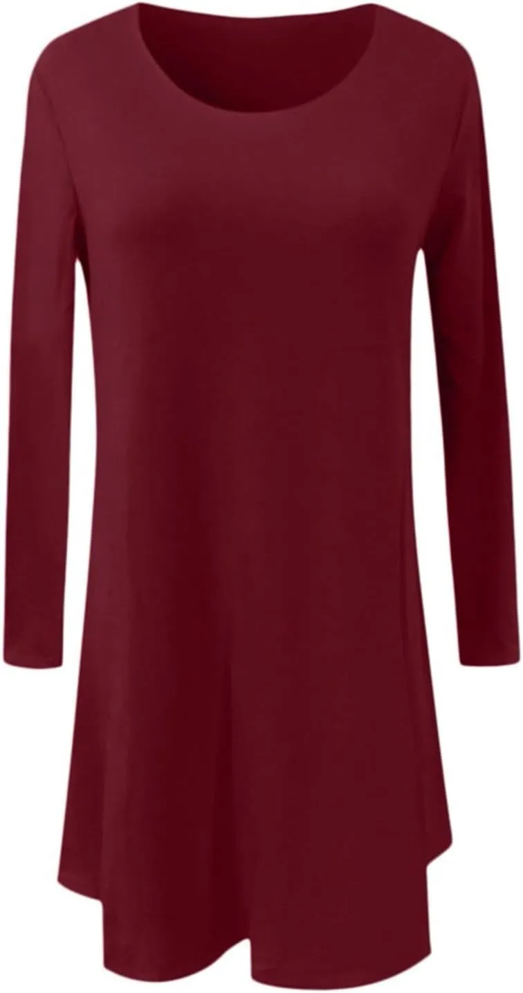 Women Casual Solid Long Sleeve Round Neck Loose Dress Ruffle Mini Dress Midi Summer Dresses for Women