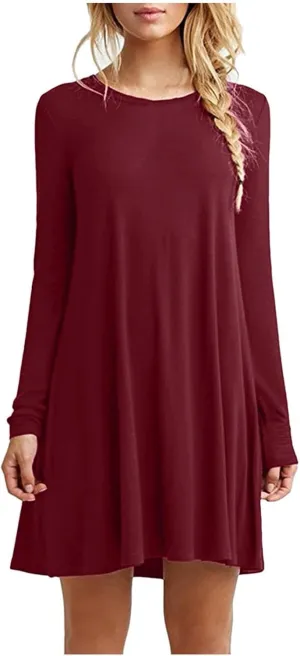 Women Casual Solid Long Sleeve Round Neck Loose Dress Ruffle Mini Dress Midi Summer Dresses for Women