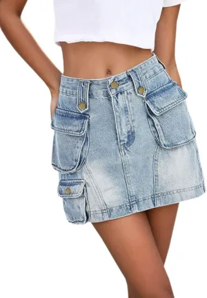 Women Denim Mini Cargo Skirt High Waisted Stretchy Button Bodycon Y2K Flap Pockets Wrap Skirts