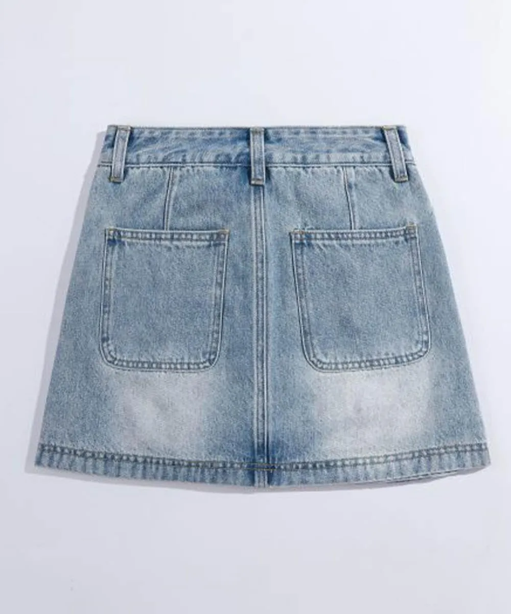 Women Denim Mini Cargo Skirt High Waisted Stretchy Button Bodycon Y2K Flap Pockets Wrap Skirts