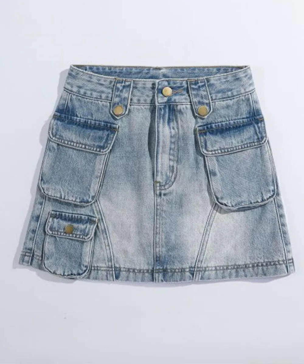 Women Denim Mini Cargo Skirt High Waisted Stretchy Button Bodycon Y2K Flap Pockets Wrap Skirts