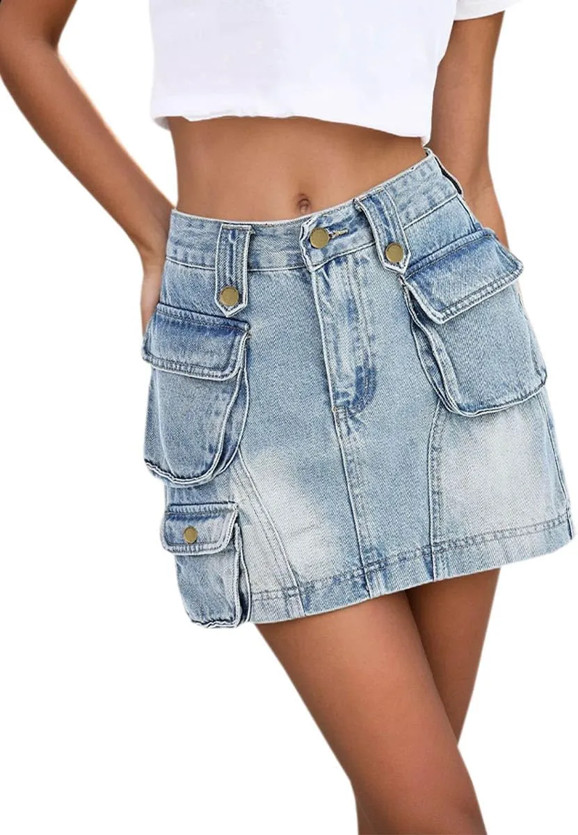 Women Denim Mini Cargo Skirt High Waisted Stretchy Button Bodycon Y2K Flap Pockets Wrap Skirts