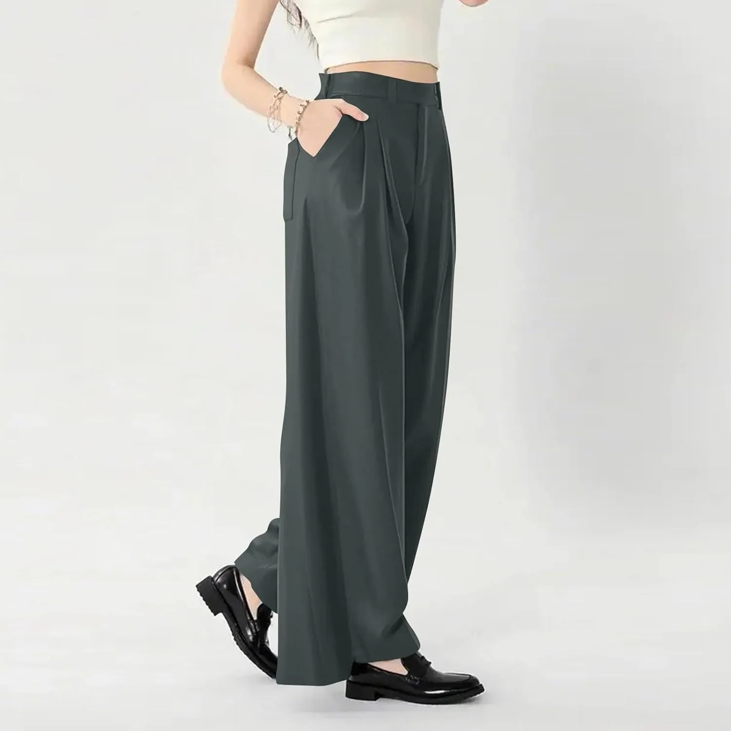 Women Elastic High Waist Palazzo Pants Casual Wide Leg Trousers Loose Work Office Business Suit Pant with Pockets