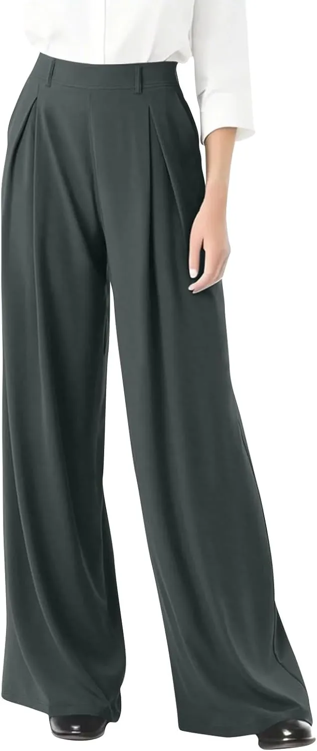 Women Elastic High Waist Palazzo Pants Casual Wide Leg Trousers Loose Work Office Business Suit Pant with Pockets
