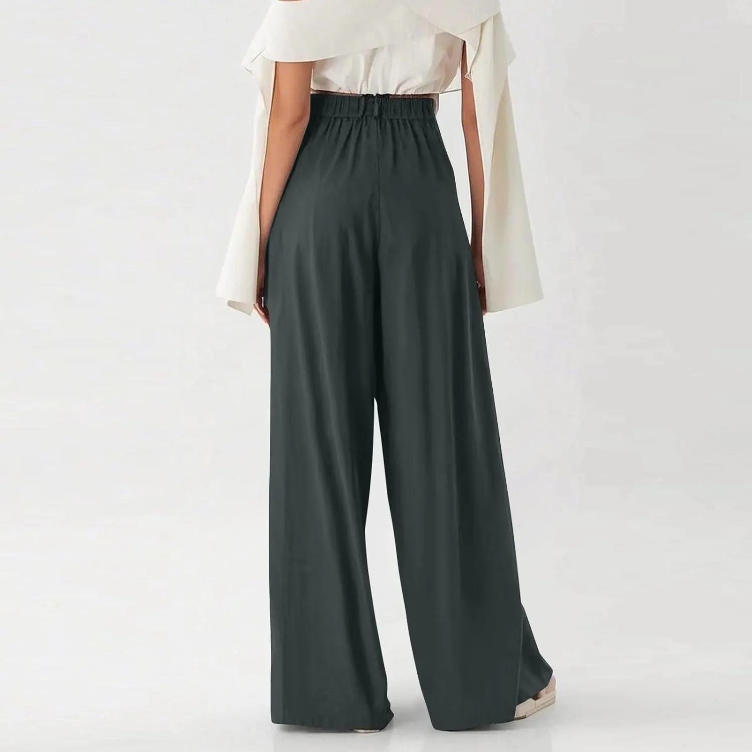 Women Elastic High Waist Palazzo Pants Casual Wide Leg Trousers Loose Work Office Business Suit Pant with Pockets