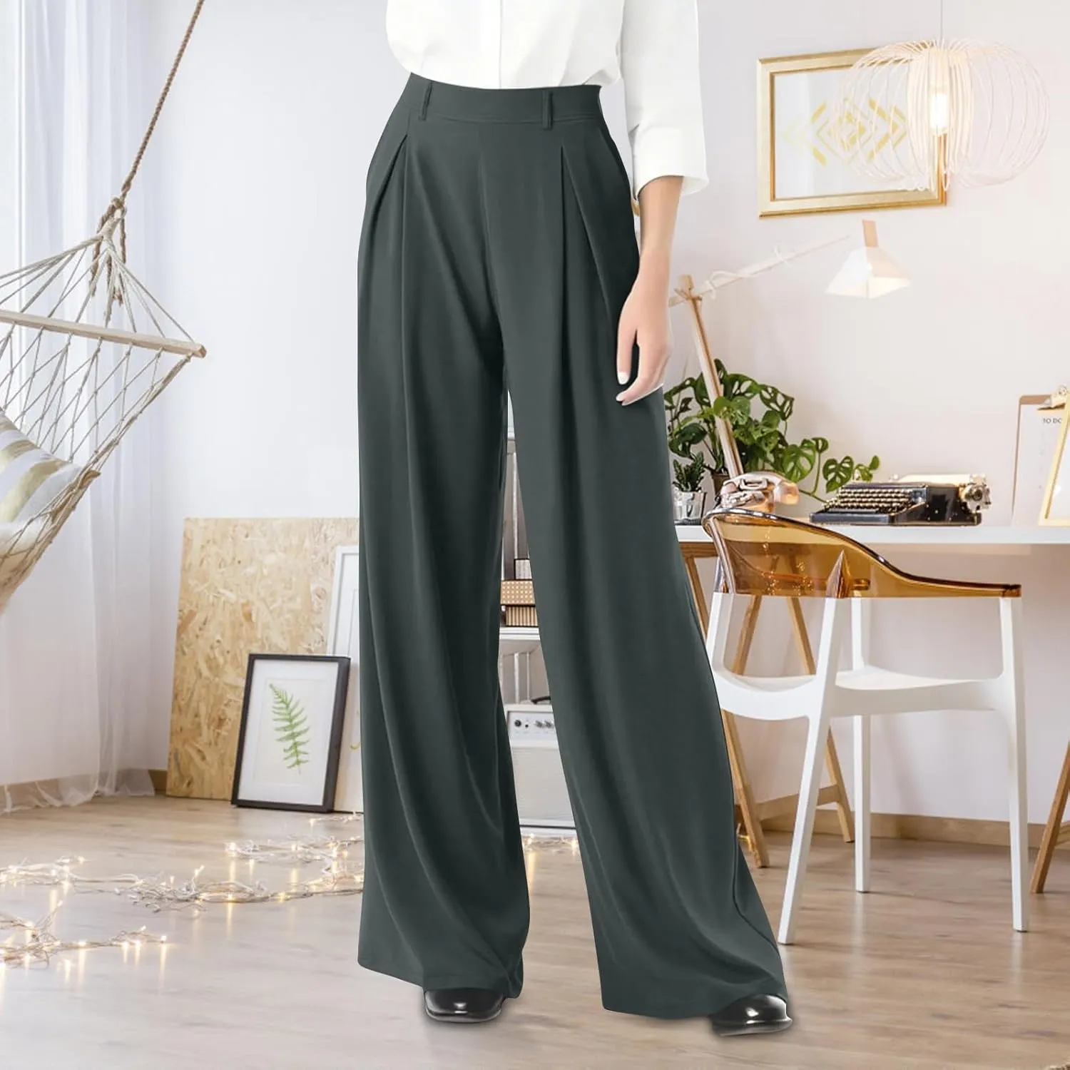 Women Elastic High Waist Palazzo Pants Casual Wide Leg Trousers Loose Work Office Business Suit Pant with Pockets