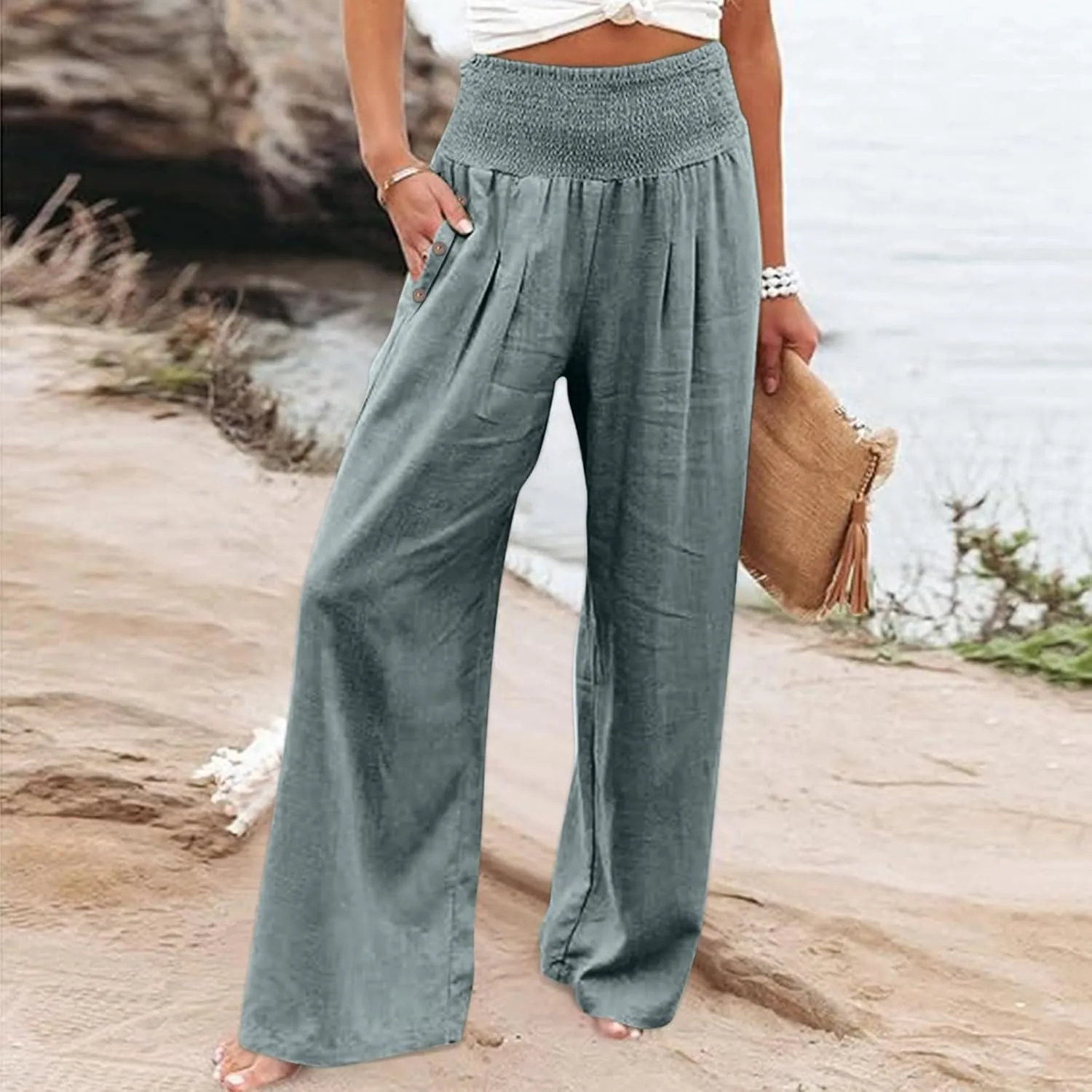 Women Fashion Elastic Waist Pant with Pocket Loose Harem Pants Printed Crop Pants Wide Leg Pants for Women
