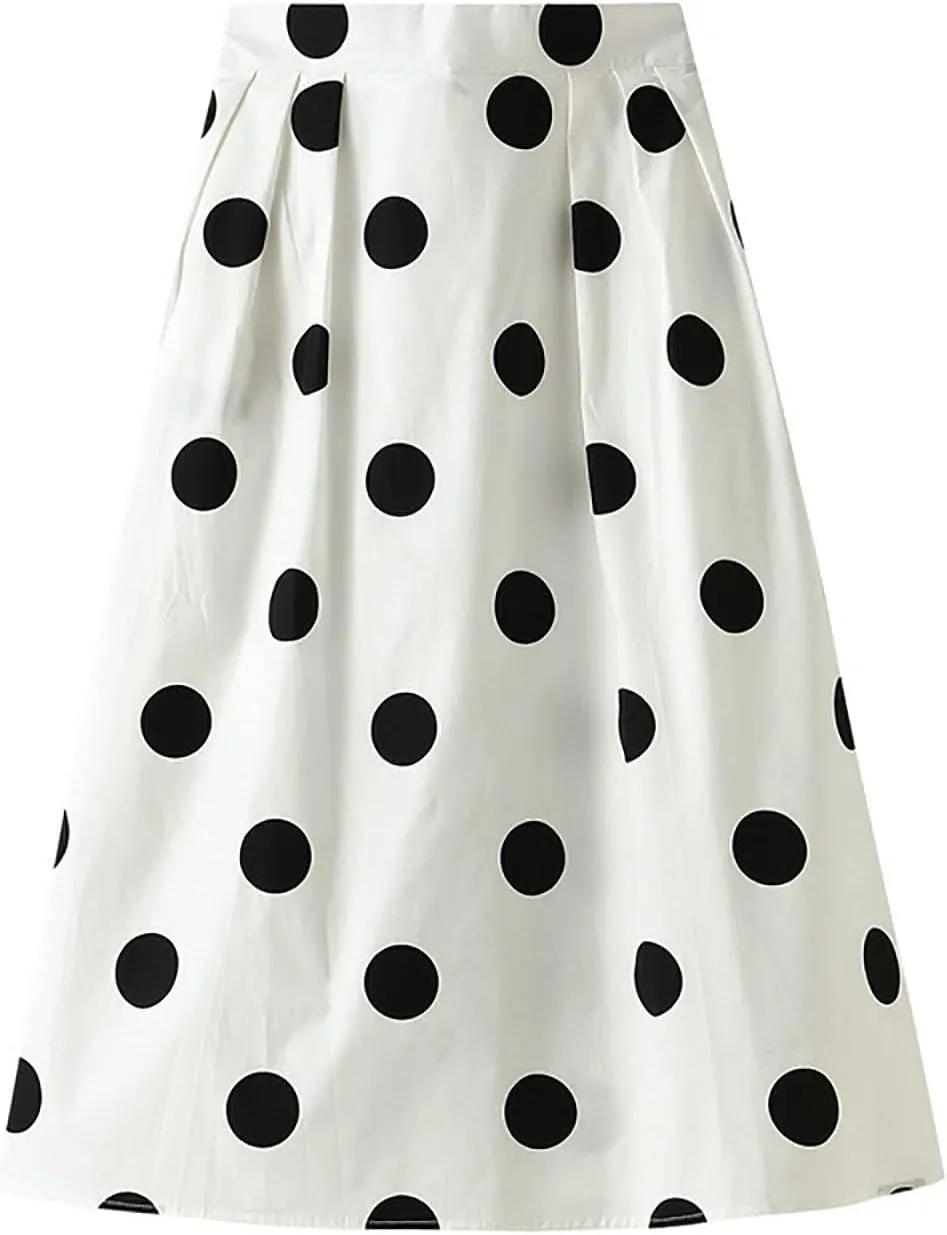 Women Fashion Skirt High Waisted A Line Mid Length Polka Dot Contrast Color Swing Skirt Beach Maxi Skirt Pleated