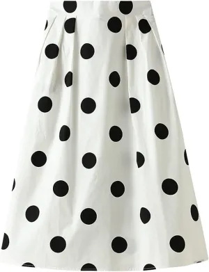 Women Fashion Skirt High Waisted A Line Mid Length Polka Dot Contrast Color Swing Skirt Beach Maxi Skirt Pleated