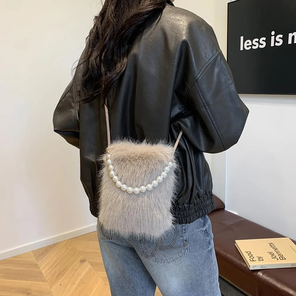 Women Faux Shoulder Bag Pearl Chain Crossbody Bag Fluffy Clutch Purse Hobo Bag for Travel Party