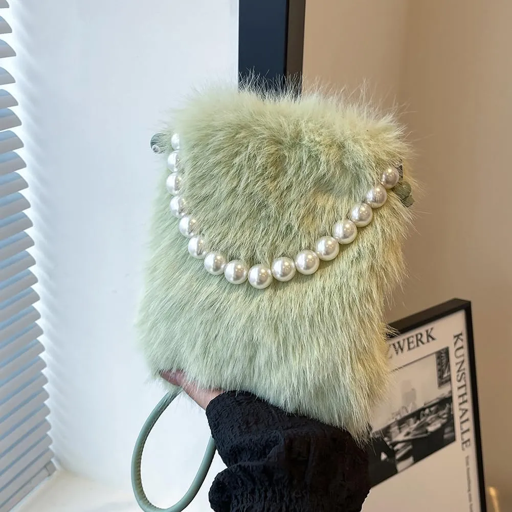 Women Faux Shoulder Bag Pearl Chain Crossbody Bag Fluffy Clutch Purse Hobo Bag for Travel Party