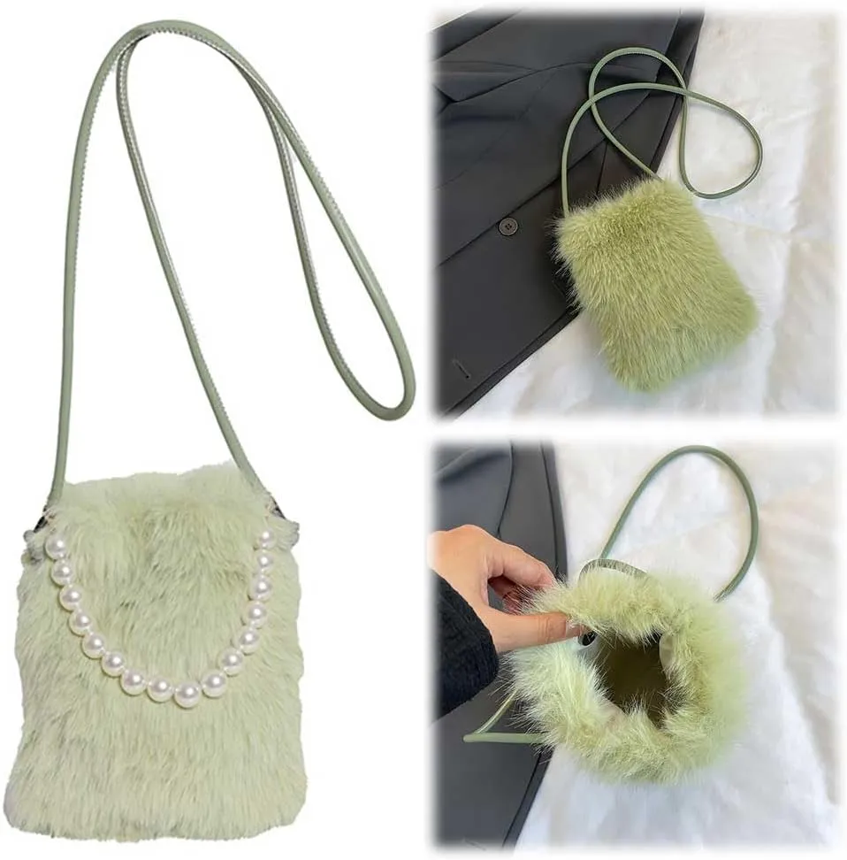Women Faux Shoulder Bag Pearl Chain Crossbody Bag Fluffy Clutch Purse Hobo Bag for Travel Party