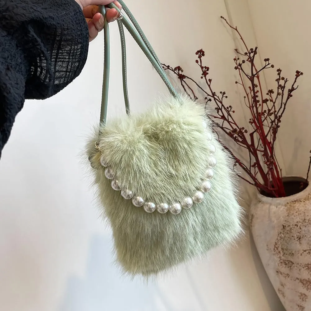 Women Faux Shoulder Bag Pearl Chain Crossbody Bag Fluffy Clutch Purse Hobo Bag for Travel Party