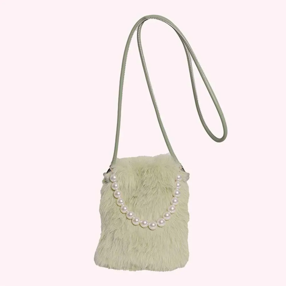 Women Faux Shoulder Bag Pearl Chain Crossbody Bag Fluffy Clutch Purse Hobo Bag for Travel Party