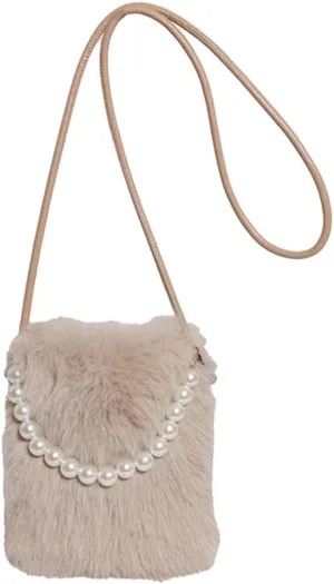 Women Faux Shoulder Bag Pearl Chain Crossbody Bag Fluffy Clutch Purse Hobo Bag for Travel Party