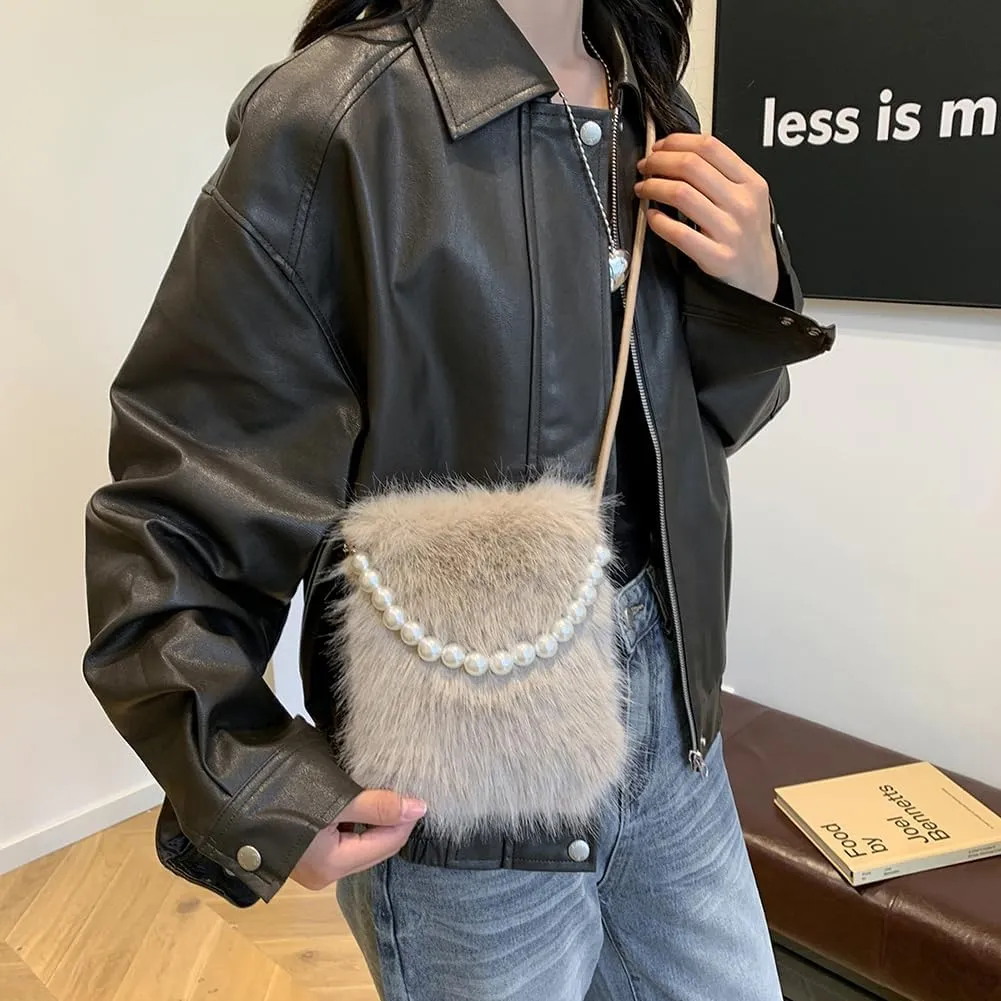 Women Faux Shoulder Bag Pearl Chain Crossbody Bag Fluffy Clutch Purse Hobo Bag for Travel Party