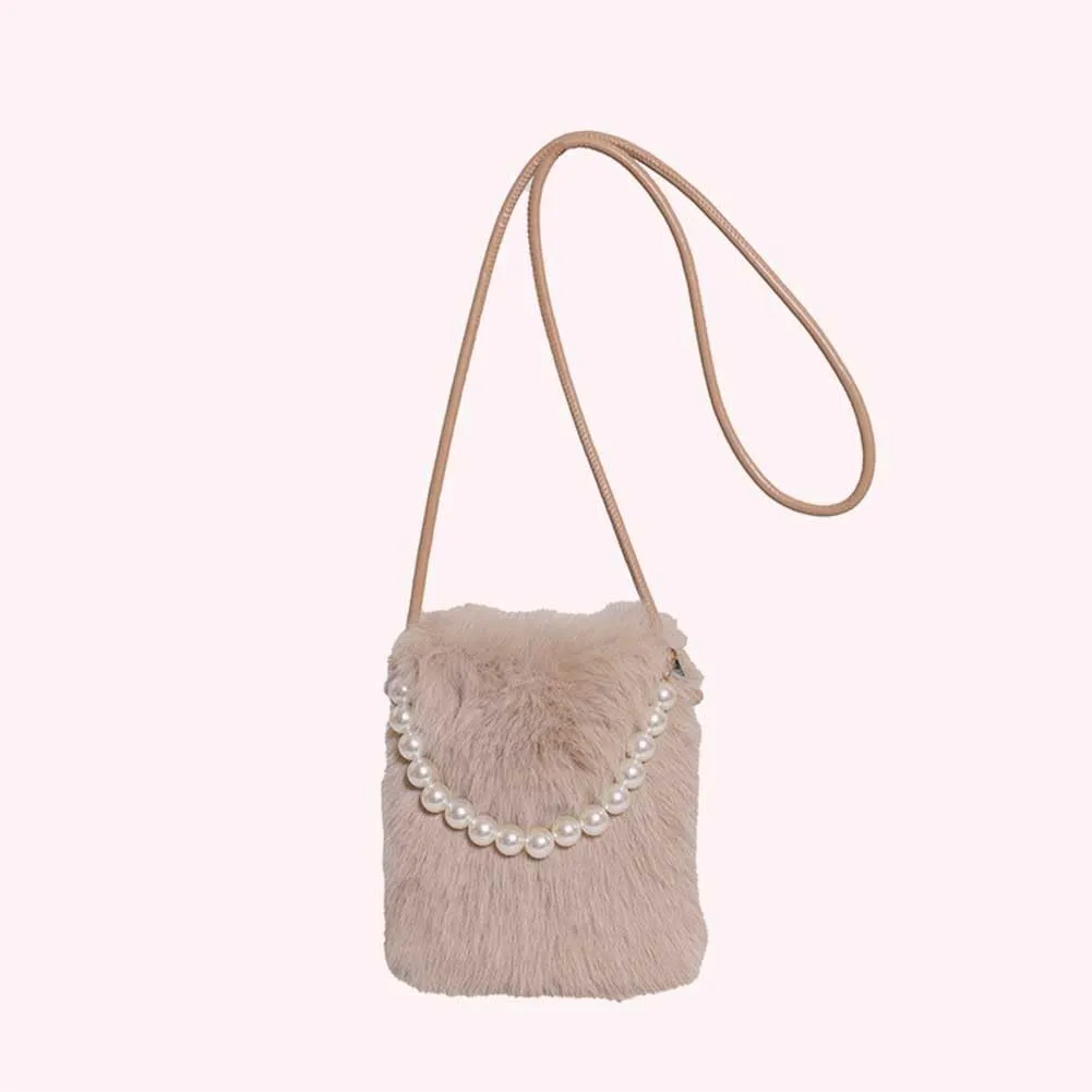 Women Faux Shoulder Bag Pearl Chain Crossbody Bag Fluffy Clutch Purse Hobo Bag for Travel Party