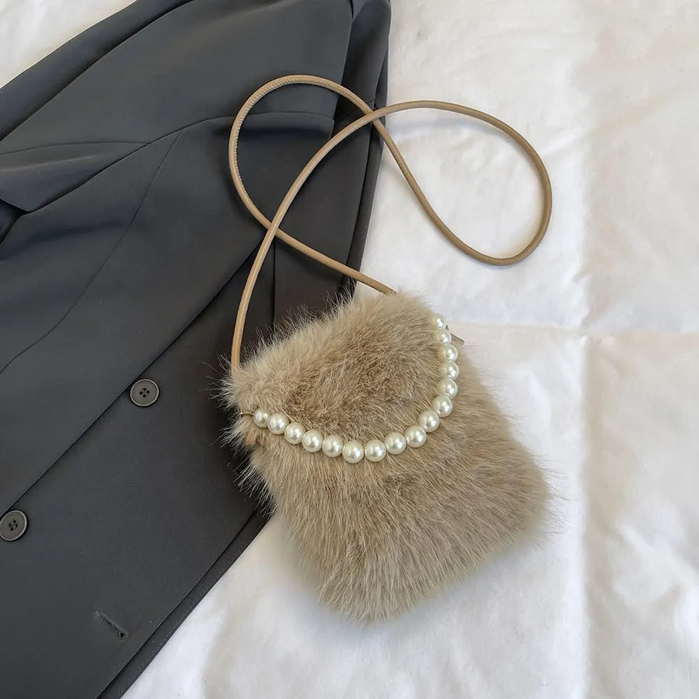 Women Faux Shoulder Bag Pearl Chain Crossbody Bag Fluffy Clutch Purse Hobo Bag for Travel Party