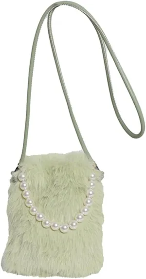 Women Faux Shoulder Bag Pearl Chain Crossbody Bag Fluffy Clutch Purse Hobo Bag for Travel Party