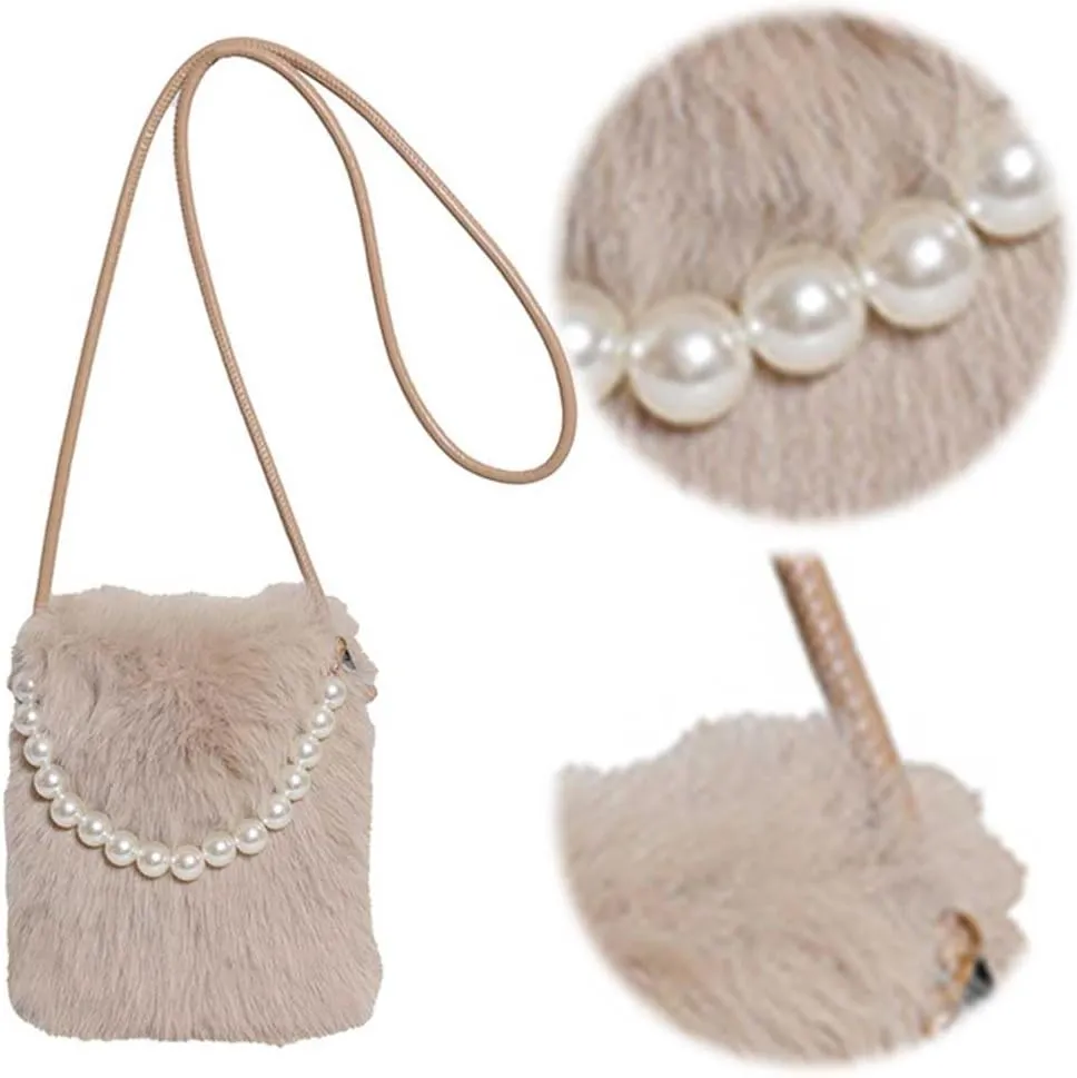Women Faux Shoulder Bag Pearl Chain Crossbody Bag Fluffy Clutch Purse Hobo Bag for Travel Party