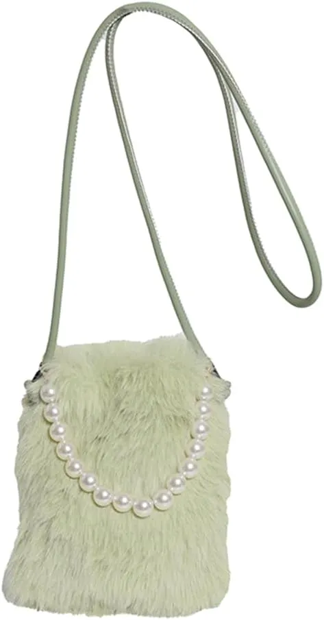Women Faux Shoulder Bag Pearl Chain Crossbody Bag Fluffy Clutch Purse Hobo Bag for Travel Party