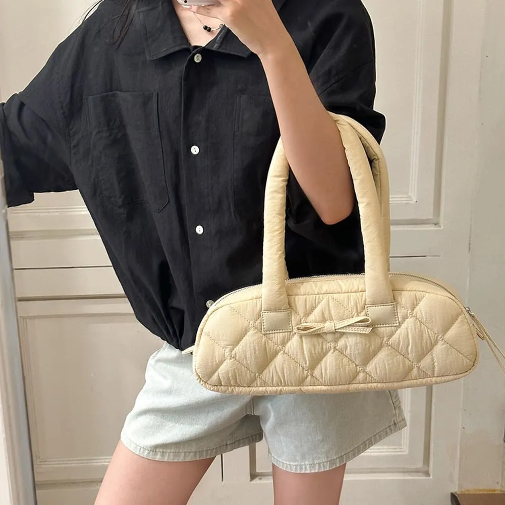 Women Handbag Quilted Nylon Satchel Purse Bowknot Hobo Bag with Inner Pockets Puffer Bag for Shopping Work Travel
