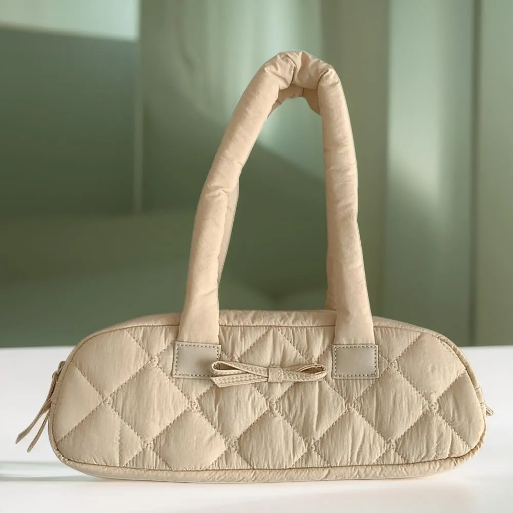 Women Handbag Quilted Nylon Satchel Purse Bowknot Hobo Bag with Inner Pockets Puffer Bag for Shopping Work Travel