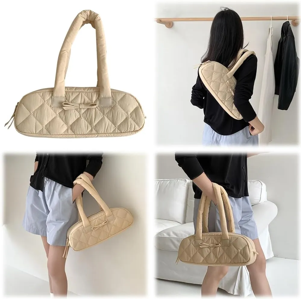 Women Handbag Quilted Nylon Satchel Purse Bowknot Hobo Bag with Inner Pockets Puffer Bag for Shopping Work Travel