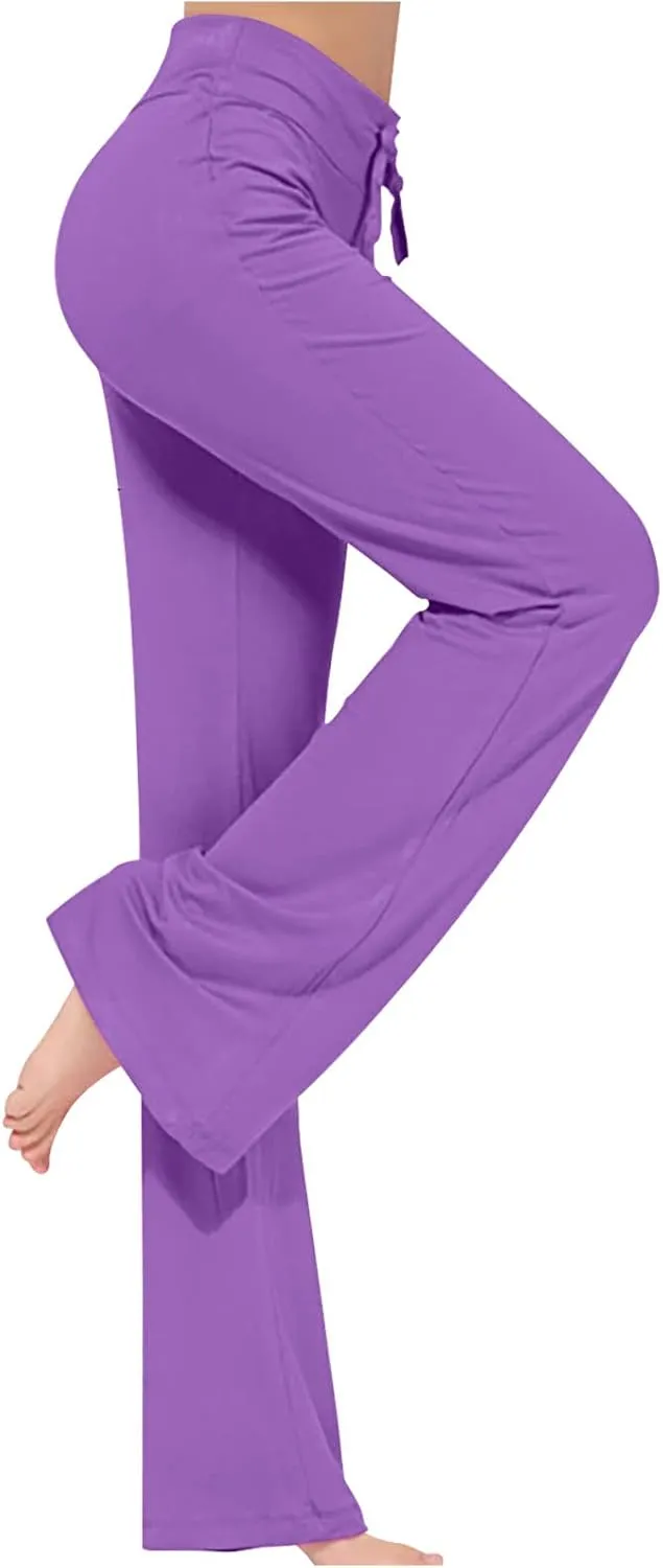 Women High Rise Yoga Leggings, Ladies Plus Size Loose Flare Trousers Drawstring Wide Leg Pants Stretchy Sweatpants