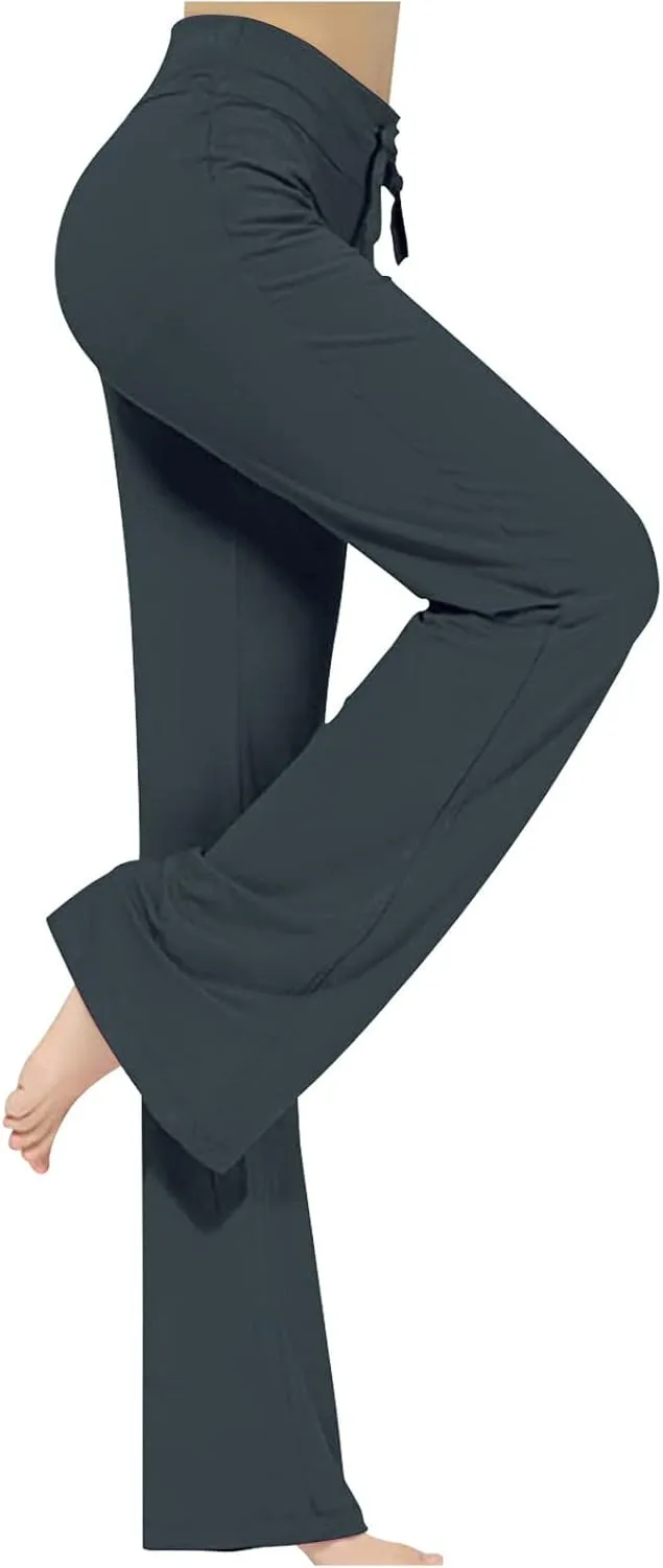 Women High Rise Yoga Leggings, Ladies Plus Size Loose Flare Trousers Drawstring Wide Leg Pants Stretchy Sweatpants